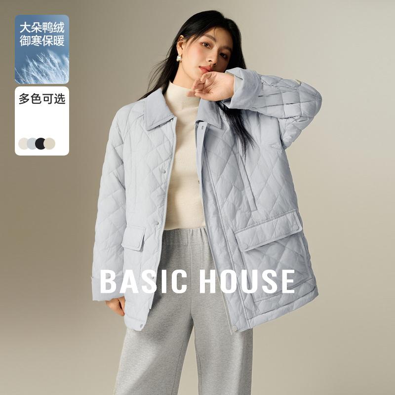 Basic House/百家好轻薄翻领羽绒服冬季新款纯色菱格白鸭绒外套女