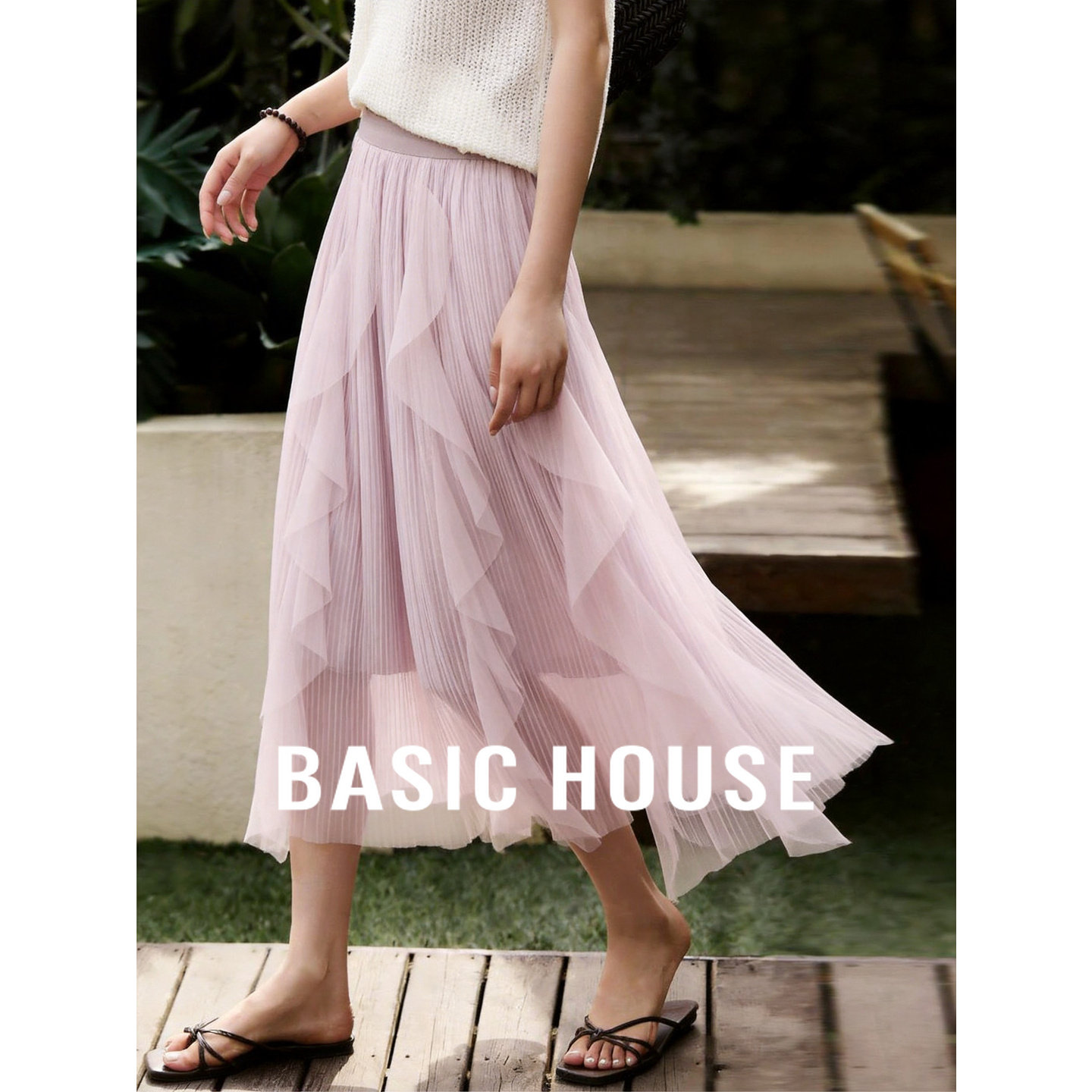 Basic House/百家好不规则网纱裙减龄高腰荷叶边半身裙子春夏新款