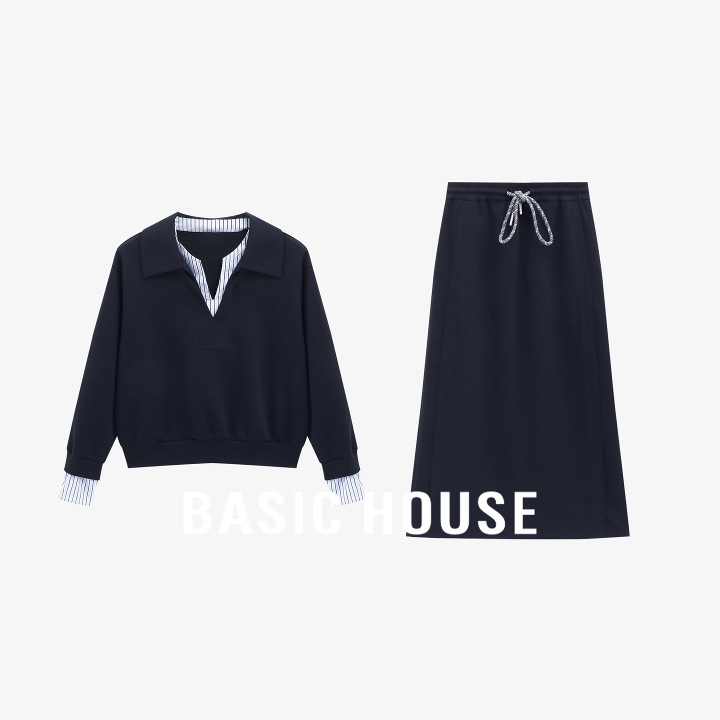 Basic House/百家好假两件翻领上衣抽绳半身裙套装女秋通勤两件套