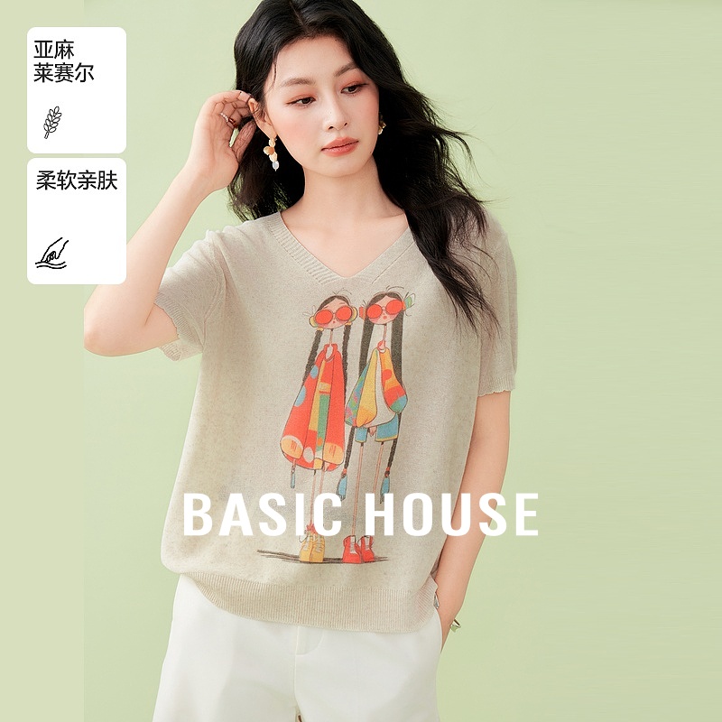 Basic House/百家好2025夏新款V领卡通短袖针织衫莱赛尔宽松上衣