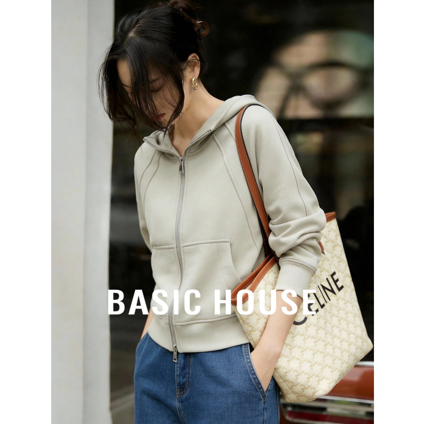 Basic House/百家好纯色双拉链连帽卫衣春季新款运动开衫短款外套