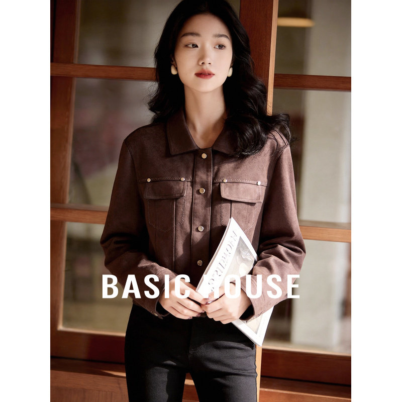 Basic House/百家好翻领短外套女春季新款夹克高级感气质百搭上衣