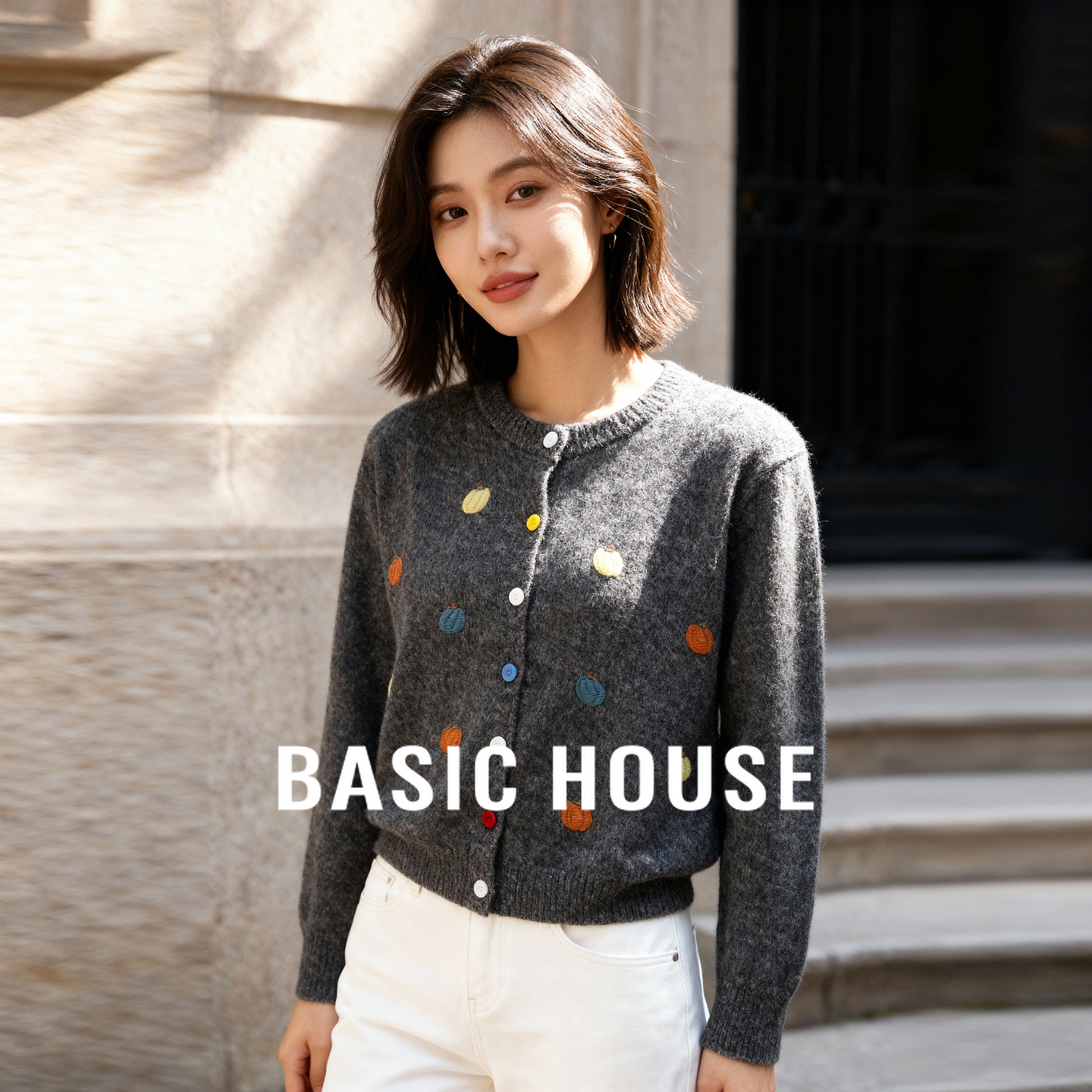 Basic House/百家好彩色南瓜刺绣开衫外套2025秋季流行肌理感毛衣