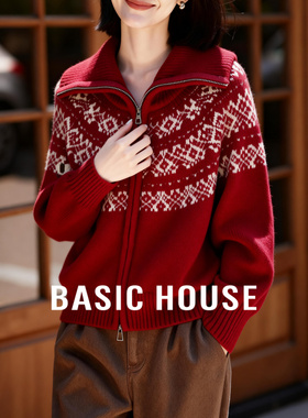 Basic House/百家好费尔岛红色毛衣女款冬季新款复古毛衫开衫外套