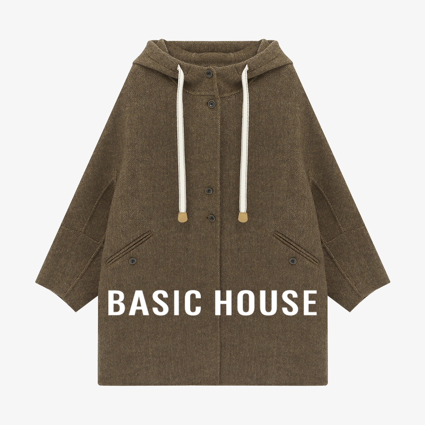 Basic House/百家好连帽双面呢羊毛大衣女冬季新款纯色中长款外套