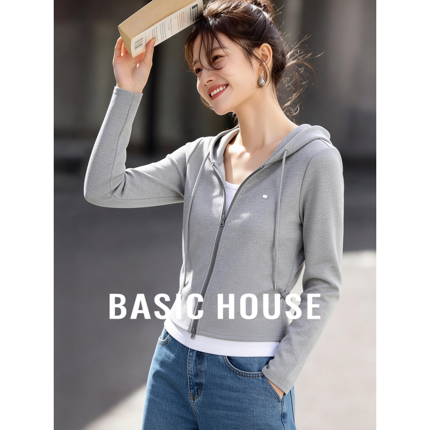 百家好假两件连帽卫衣外套女2026春装新款小个子显瘦休闲拉链上衣