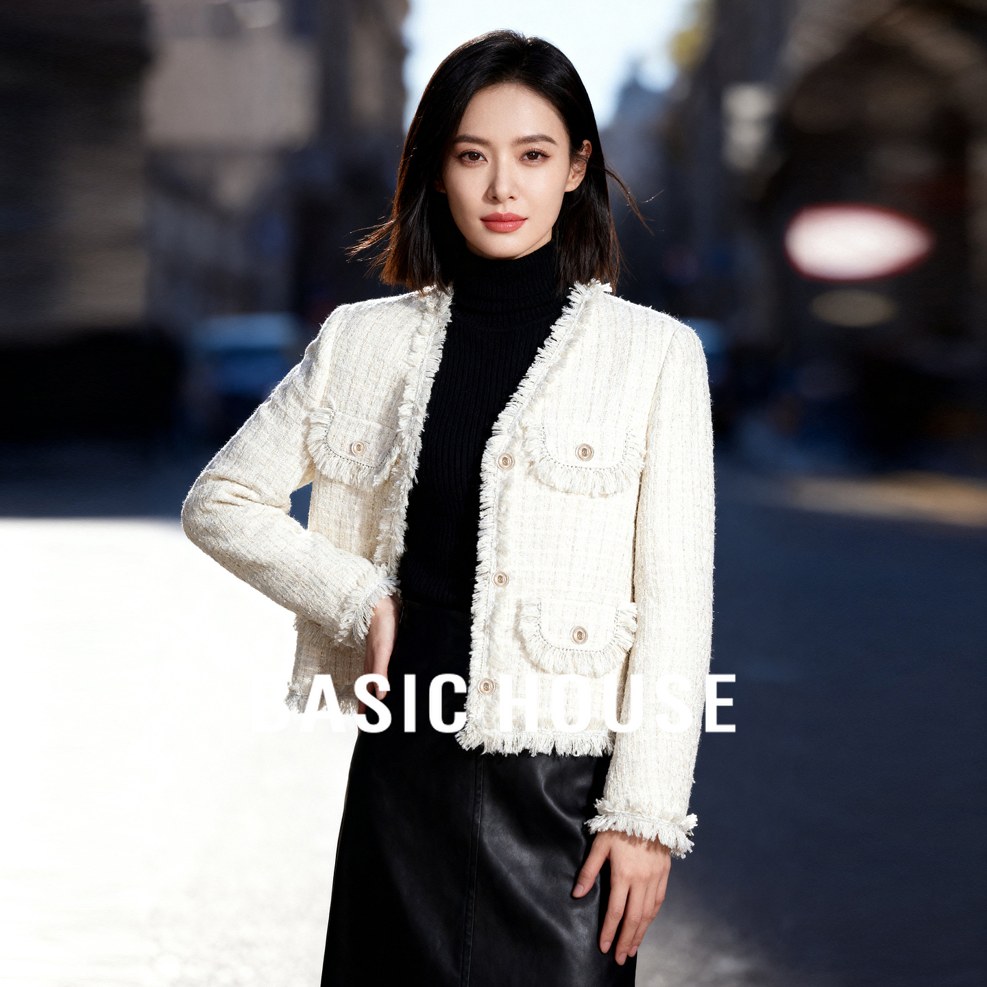 Basic House/百家好小香风毛边设计感外套女秋冬新款V领长袖上衣