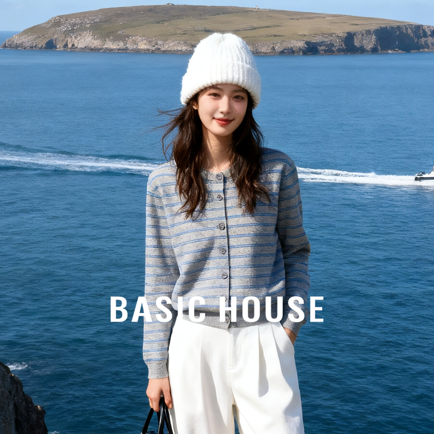 Basic House/百家好蓝灰撞色条纹上衣25秋冬简约圆领纽扣针织开衫