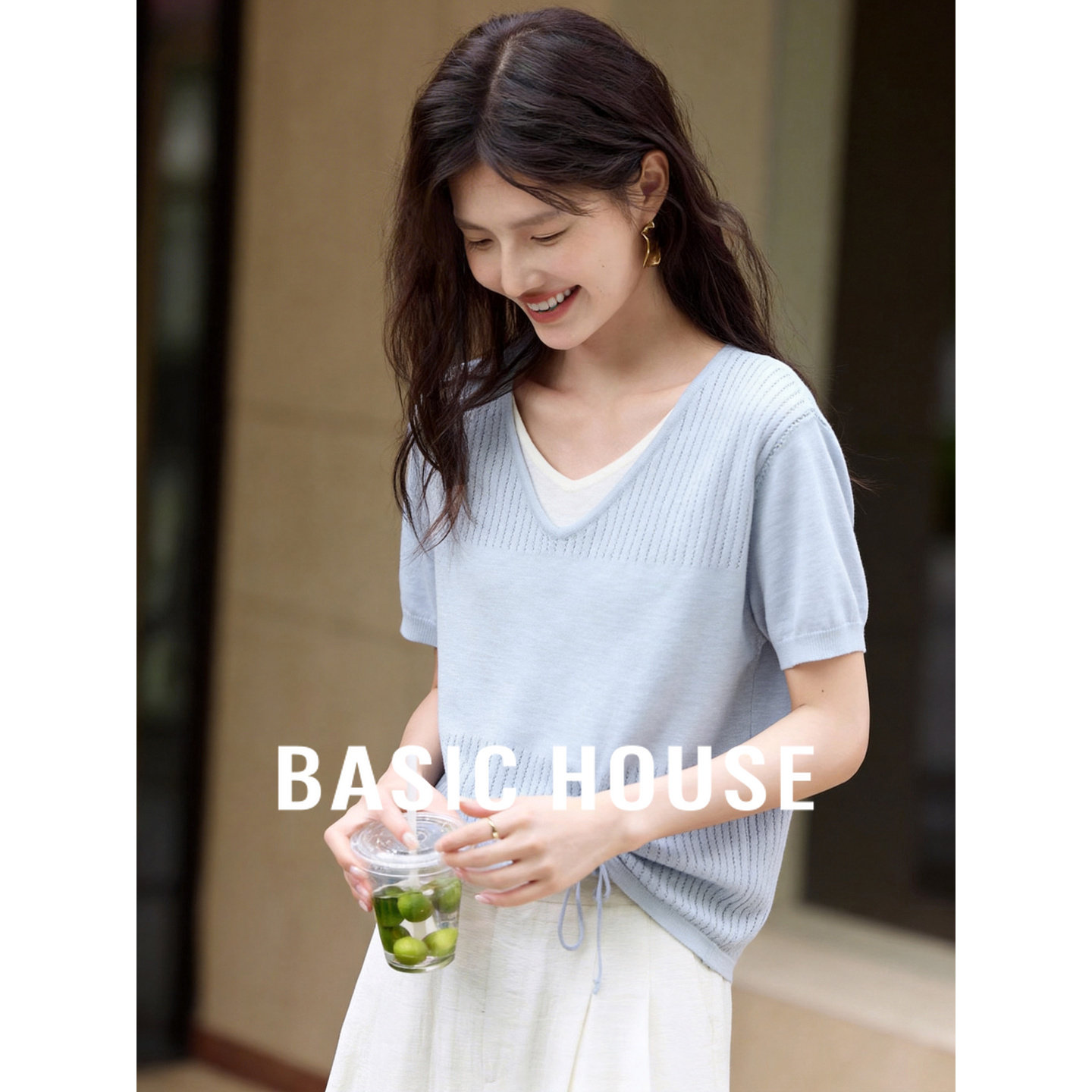 Basic House/百家好蓝色假两件短袖针织衫女2026夏季抽绳薄款上衣