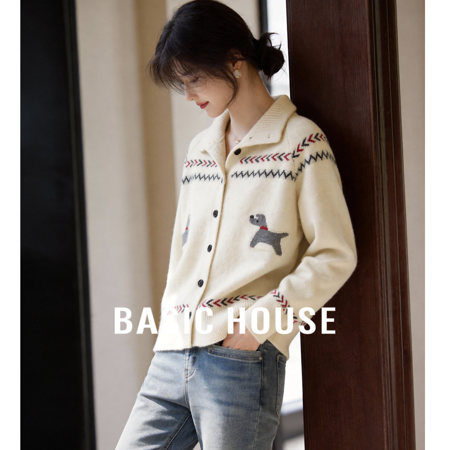 Basic House/百家好复古费尔岛毛衣外套女2026春立领提花针织开衫