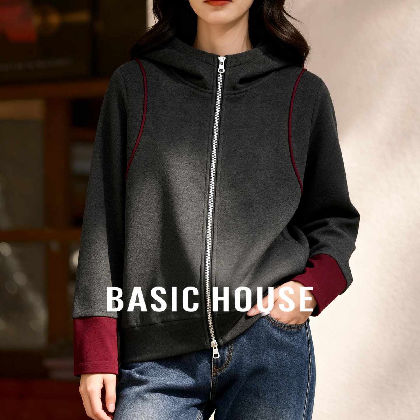 Basic House/百家好连帽撞色拉链设计短款卫衣女秋冬保暖百搭外套,女装/女士精品,卫衣/绒衫,淘宝优惠券,粉丝福利购,淘宝优惠卷