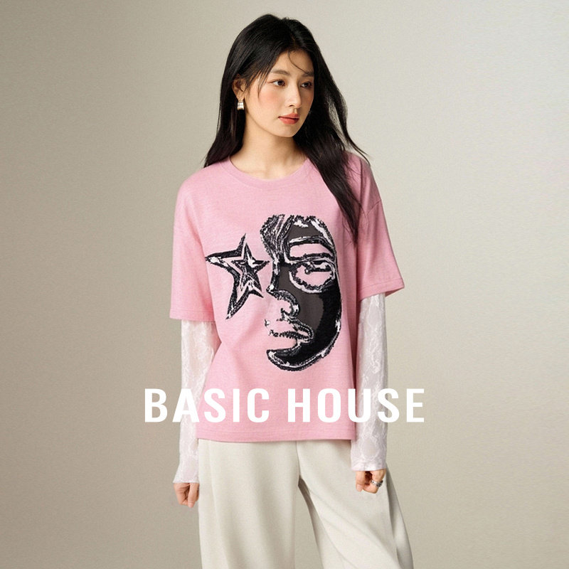 Basic House/百家好假两件蕾丝拼接针织衫秋冬小众设计感长袖上衣