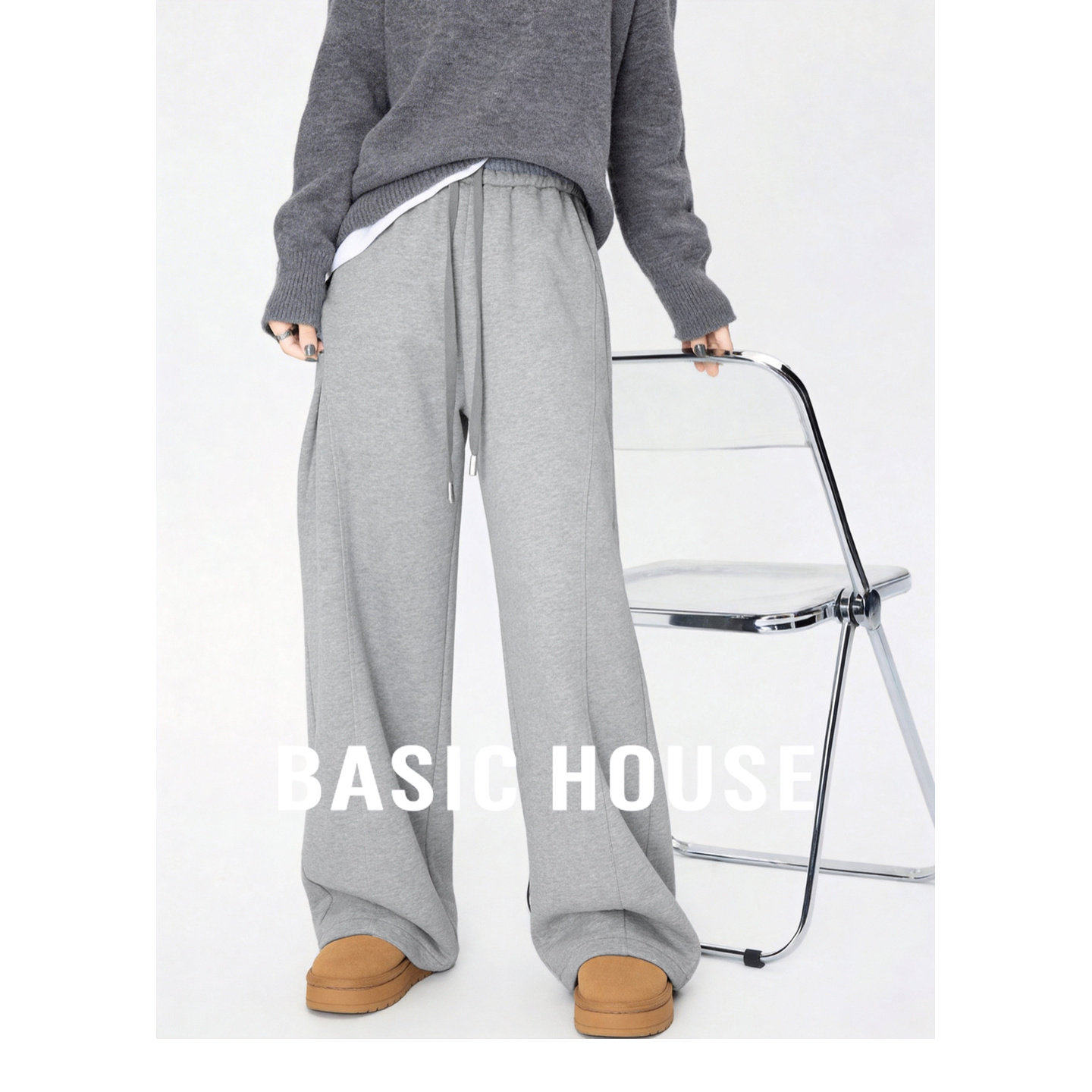 百家好灰色阔腿抽绳运动卫裤春季新款女士遮肉显瘦休闲直筒长裤子