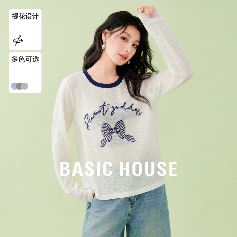 Basic House/百家好复古字母蝴蝶结刺绣薄针织衫女2025夏新款上衣