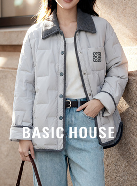 【白鹅绒】Basic House/百家好撞色灯芯绒翻领鹅绒服女羽绒外套冬