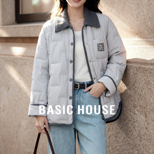 【白鹅绒】Basic House/百家好撞色灯芯绒翻领鹅绒服女羽绒外套冬