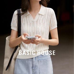 上衣 宽松显瘦薄款 百家好温柔风polo领针织衫 女镂空麻花纹理夏季