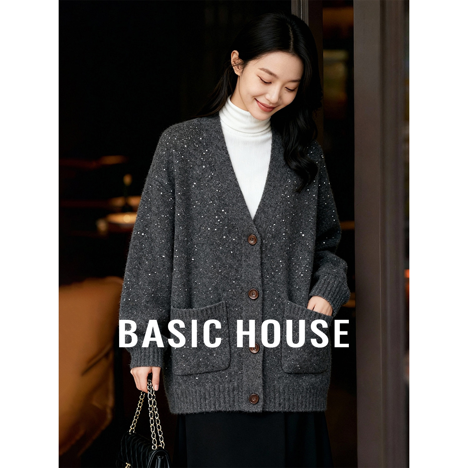 Basic House/百家好慵懒风V领亮片开衫女冬季中长款宽松针织开衫