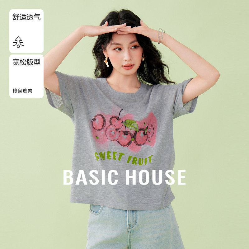 Basic House/百家好樱桃印花薄款针织衫夏季流行圆领短袖套头上衣