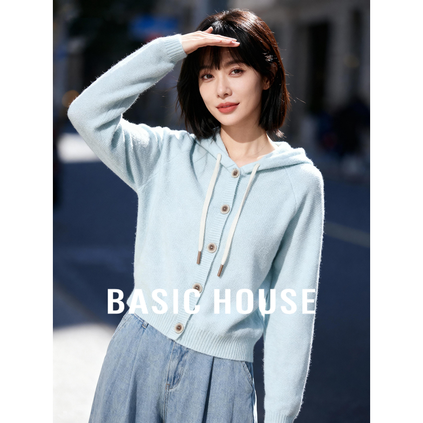 Basic House/百家好慵懒风连帽开衫外套女显瘦绵羊毛抽绳宽松毛衣