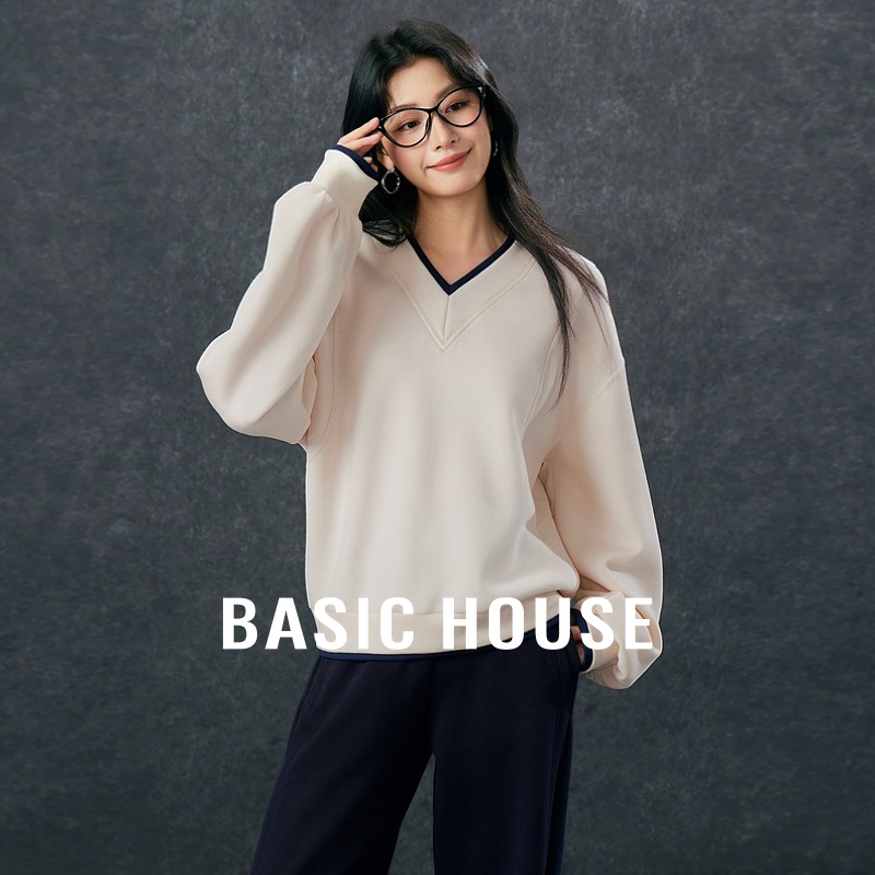 Basic House/百家好撞色V领卫衣秋新款慵懒风插肩袖套头上衣女