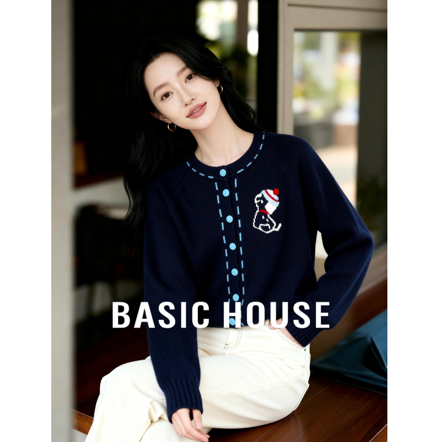 Basic House/百家好小狗刺绣圆领针织开衫女冬季甜美风单排扣毛衣
