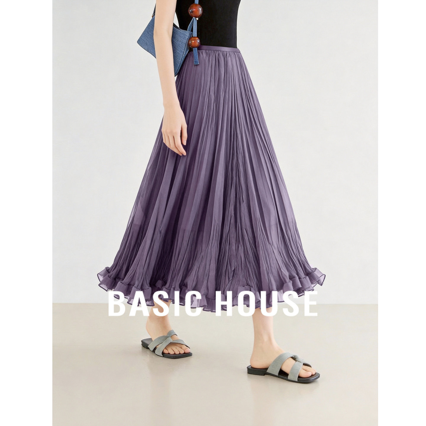 百家好网纱紫色半身裙女2026春季新款高级a字伞裙高腰中长款纱裙