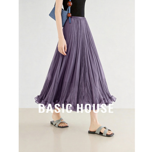 百家好网纱紫色半身裙女2026春季新款高级a字伞裙高腰中长款纱裙