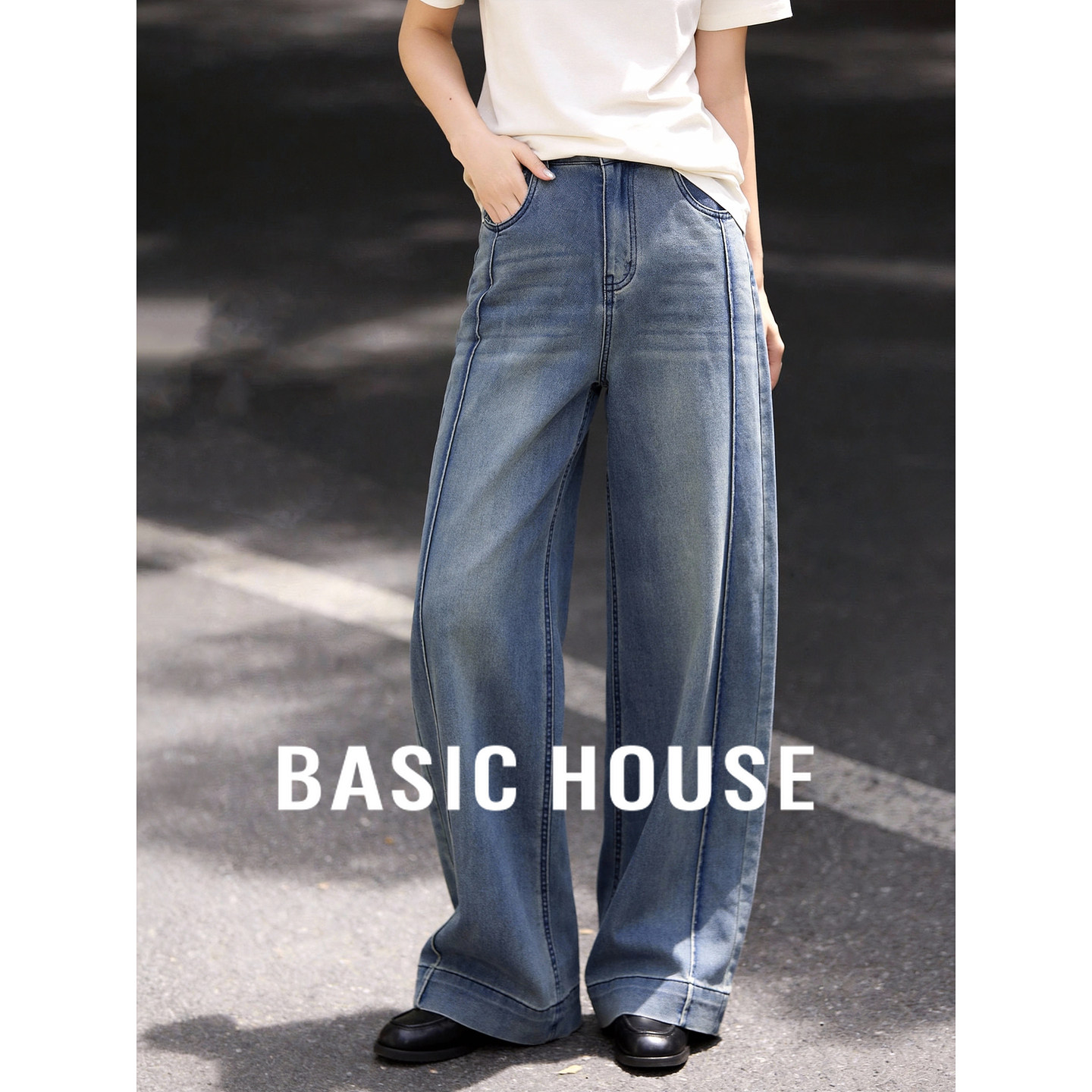 Basic House/百家好早春复古浅蓝阔腿牛仔裤女明线拼接高腰九分裤,女装/女士精品,牛仔裤,淘宝优惠券,粉丝福利购,淘宝优惠卷