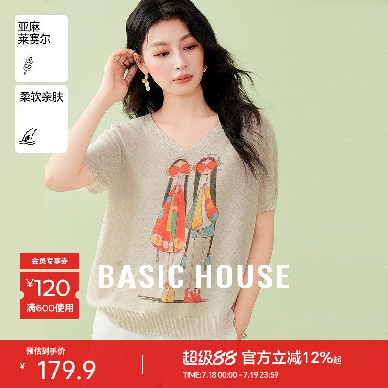 Basic House/百家好2025夏新款V领卡通短袖针织衫莱赛尔宽松上衣