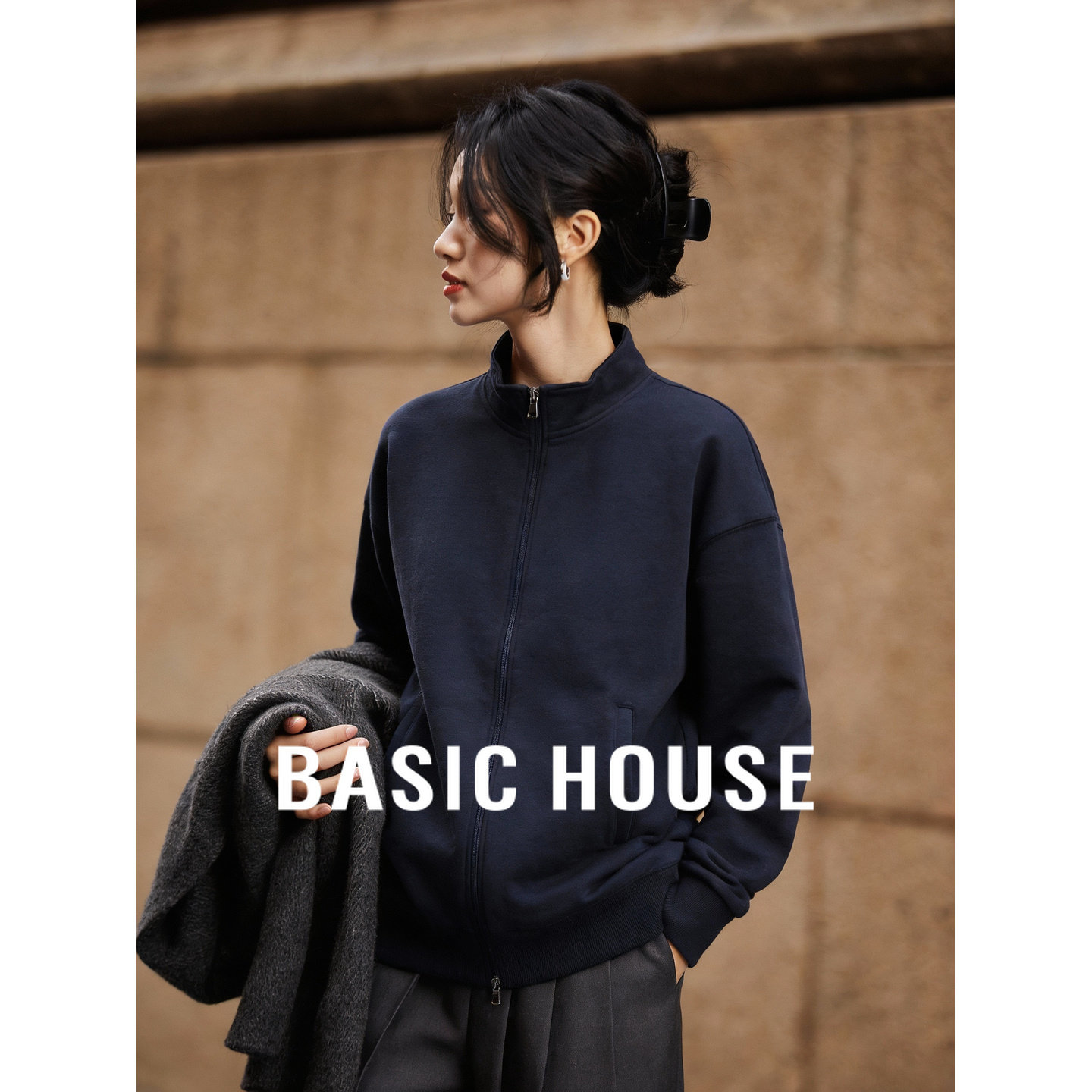 百家好纯色立领拉链卫衣女2026春季新款外套高级感百搭显瘦上衣