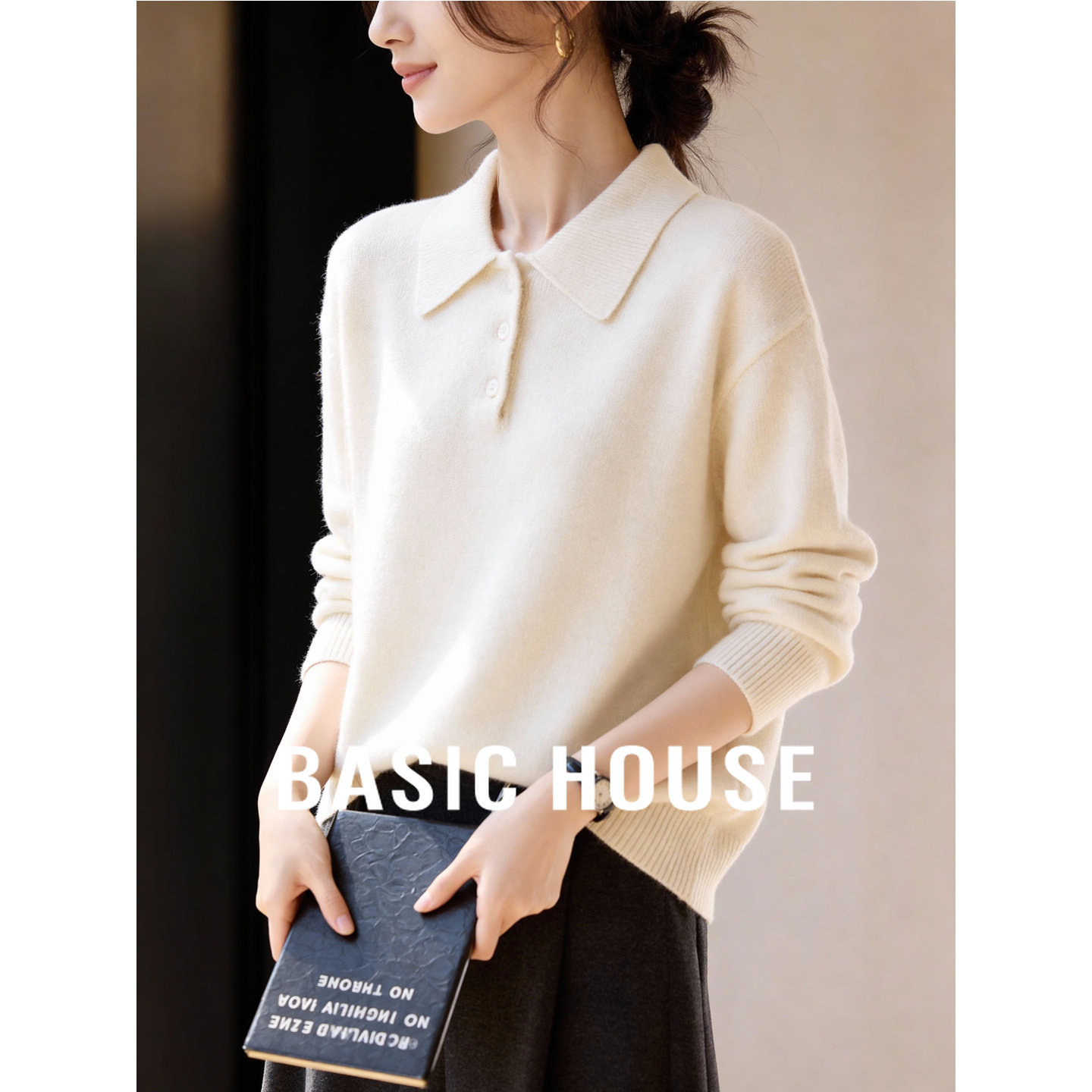 百家好白色polo翻领棉羊毛针织衫上衣春季新款女士高级感保暖毛衣