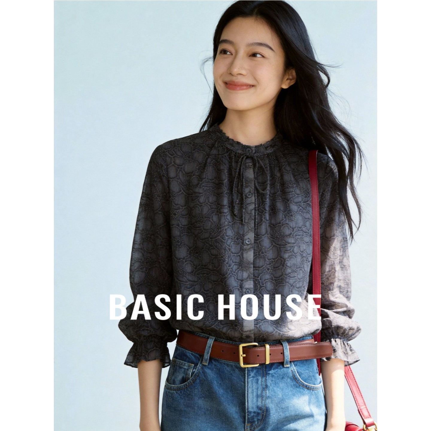 百家好水墨纹理飘带领雪纺轻薄垂感长袖上衣通勤风显瘦衬衣衬衫