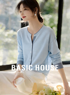 Basic House/百家好蓝色撞色针织开衫女夏季新款通勤宽松薄款上衣