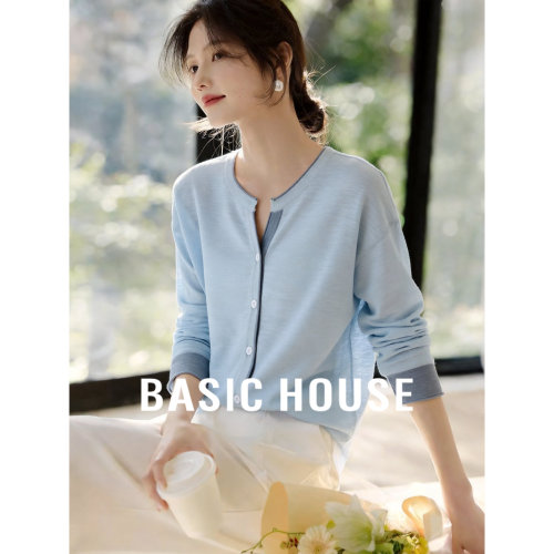 Basic House/百家好蓝色撞色针织开衫女夏季新款通勤宽松薄款上衣