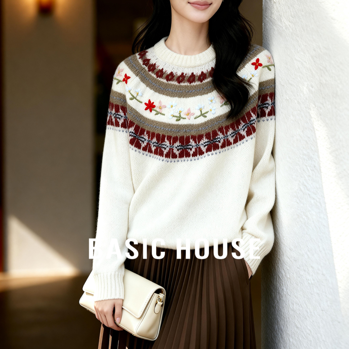 Basic House/百家好秋冬费尔岛提花毛衣女圣诞复古圆领羊毛针织衫
