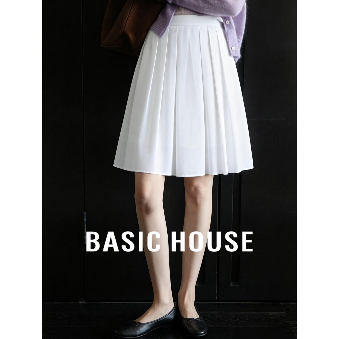 Basic House/百家好学院风白色百褶半身裙女高腰显瘦A字裙中长款
