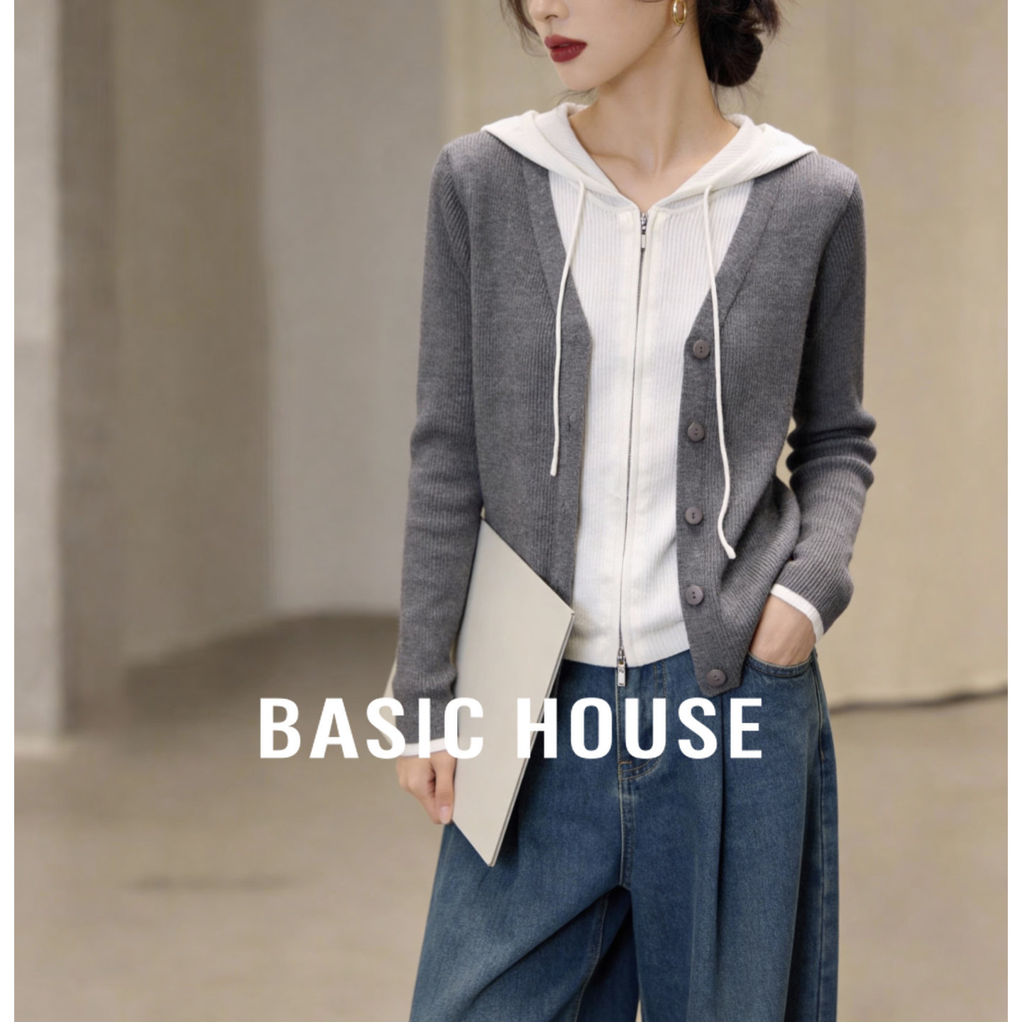 百家好撞色连帽假两件绵羊毛针织开衫女春季新款气质简约毛衣外套