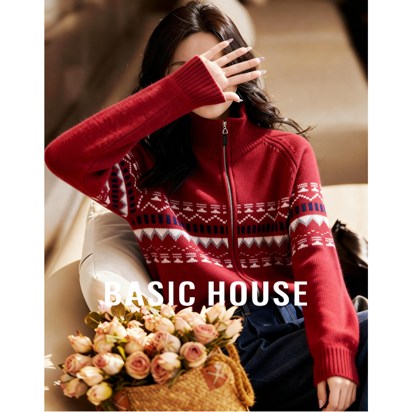 百家好费尔岛提花绵羊毛针织开衫上衣女冬季新款立领红色新年毛衣