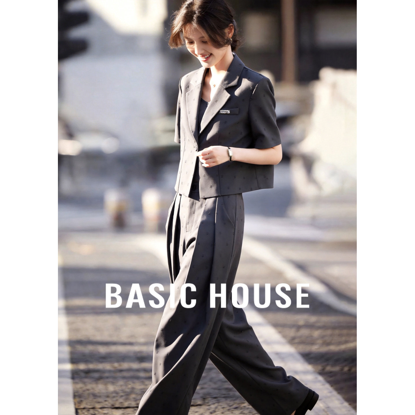 Basic House/百家好翻领短袖西装上衣高腰阔腿裤2026春季通勤套装