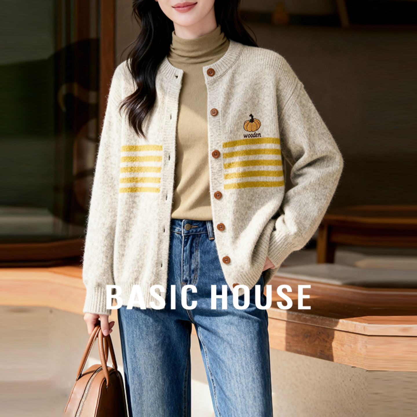 Basic House/百家好南瓜刺绣黄条纹单排扣圆领温柔风百搭毛衣外套