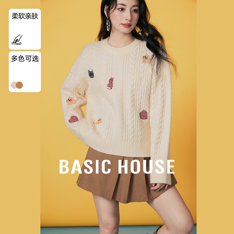 Basic House/百家好圆领绞花毛衣2025冬新款卡通提花落肩长袖上衣