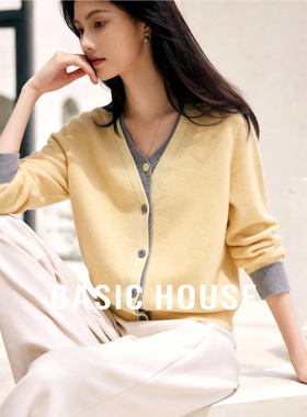 百家好撞色假两件V领绵羊毛针织衫春季新款女士慵懒优雅气质毛衣