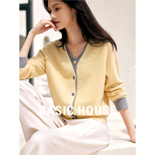 百家好撞色假两件V领绵羊毛针织衫春季新款女士慵懒优雅气质毛衣