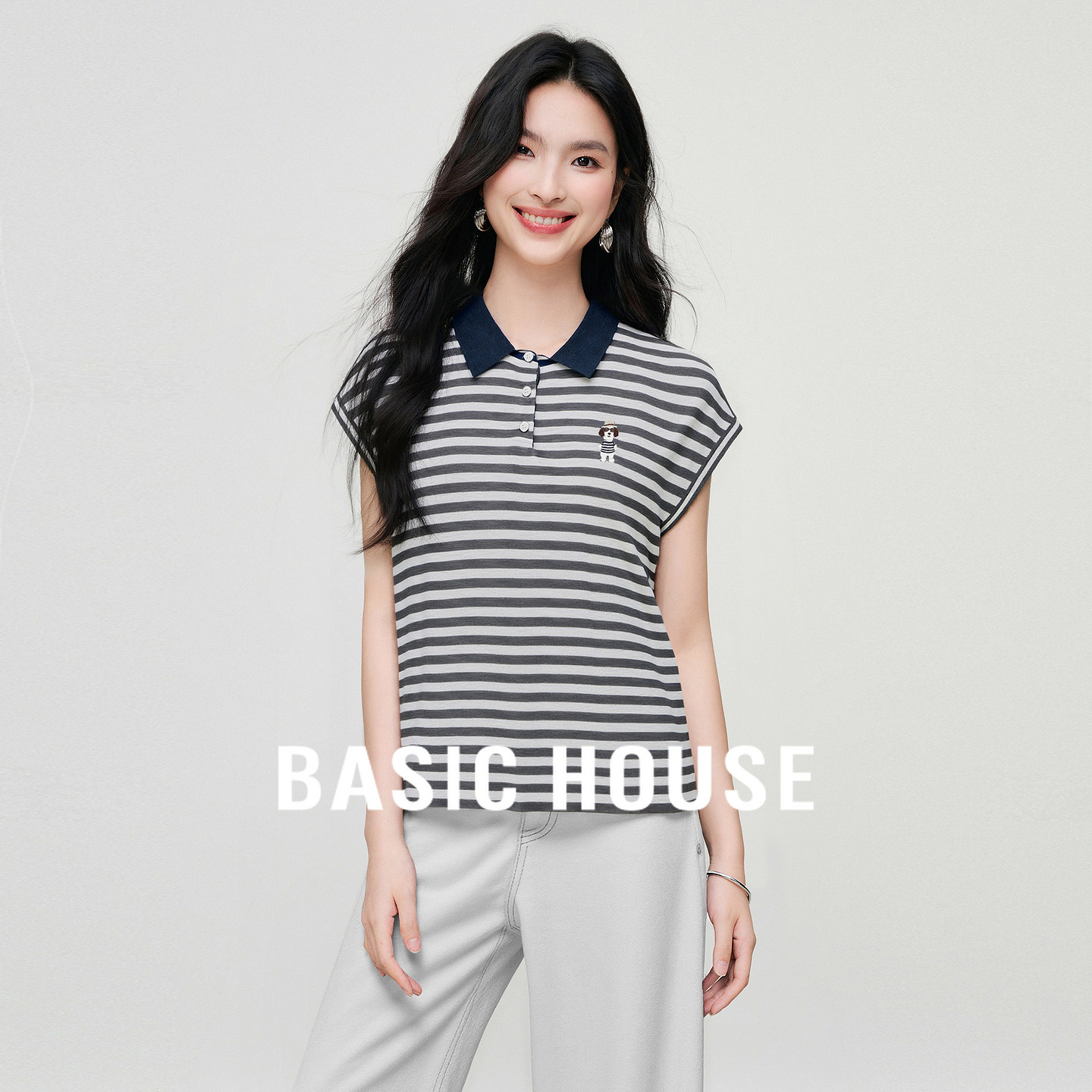 Basic House/百家好撞色条纹polo领设计夏季新款宽松坎肩针织衫女