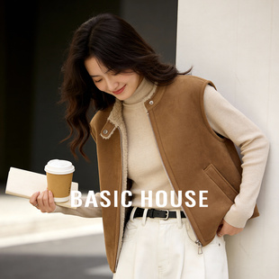 Basic House/百家好羊羔毛加厚无袖马夹女冬季复古仿麂皮马甲外套