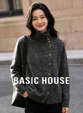 Basic House/百家好高领灰色毛衣女冬季新款单排扣绵羊毛套头毛衫