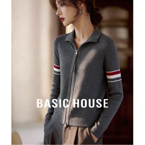 Basic House/百家好翻领针织衫女春季新款羊毛桑蚕丝毛衫打底开衫