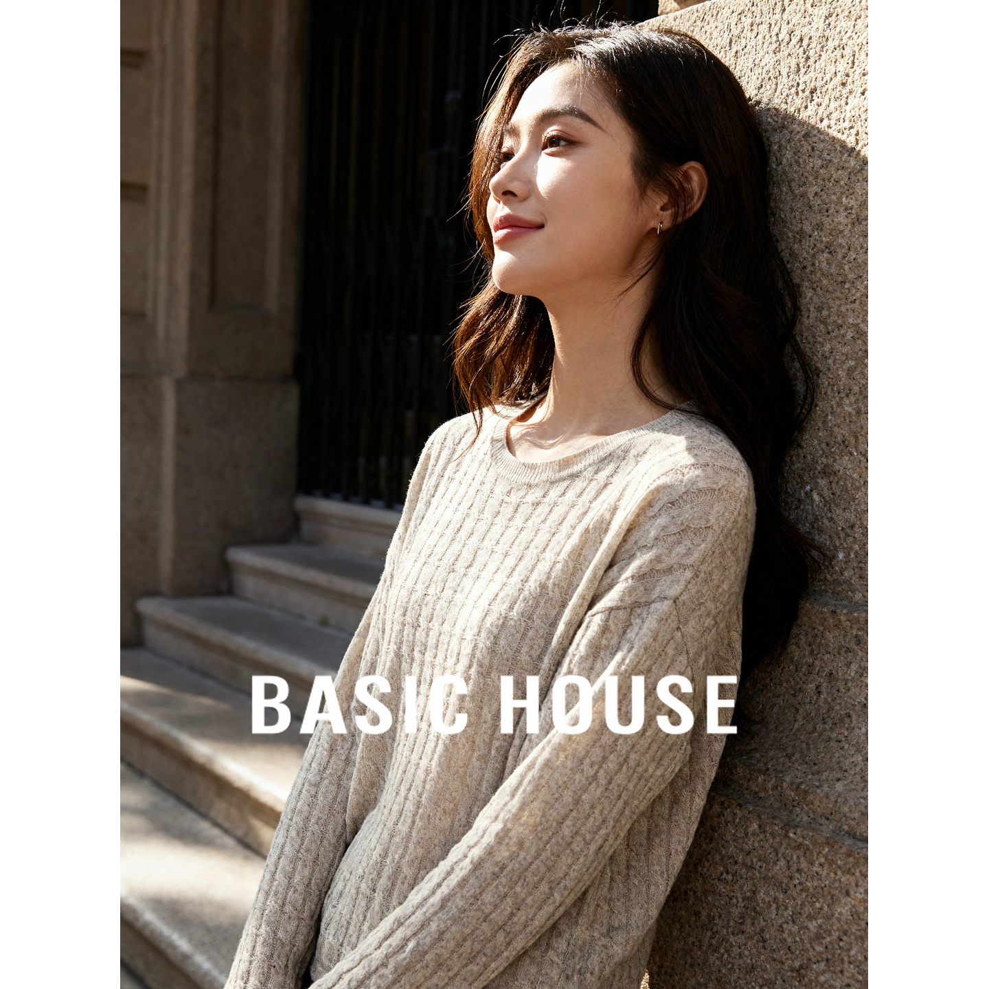 Basic House/百家好简约圆领针织衫2025秋季宽松纹理长袖套头毛衣