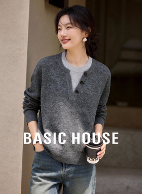 Basic House/百家好撞色假两件V领毛衣女春宽松慵懒风针织衫上衣